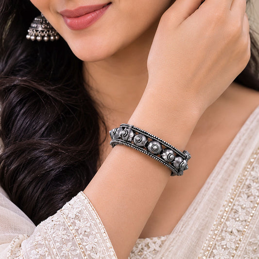 Silver Color Oxidised Openable Kada Bangle with Elegant Ethnic Fashion Jewelry Appeal