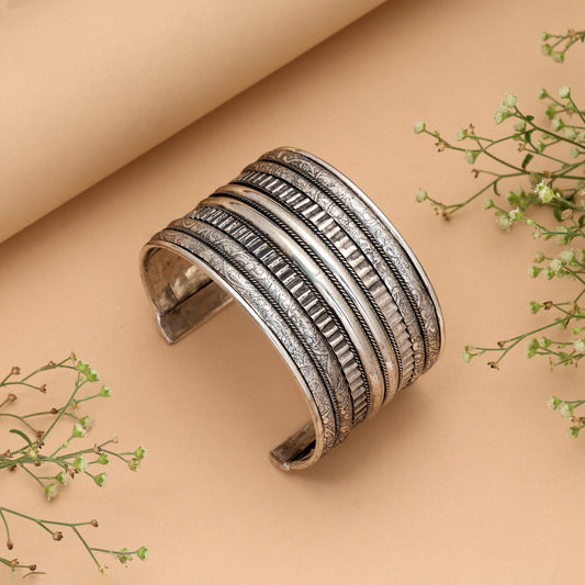 Artistic Handcrafted Silver Color Oxidised Adjustable Handcuff Bracelet For Festive Outfits
