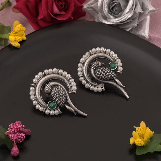 Artistic Green Color Oxidised Earrings With Detailed Handcrafted Work