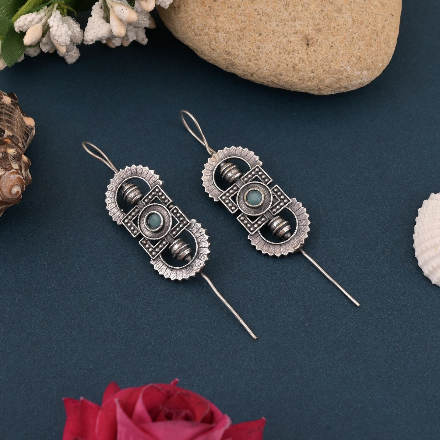 Bold Pista Green Color Oxidised Earrings With Ear Cuff For Stylish Edge