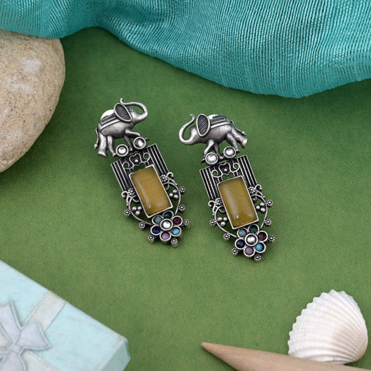 Dazzling Yellow Color Oxidised Earrings With Detailed Boho Tribal Look