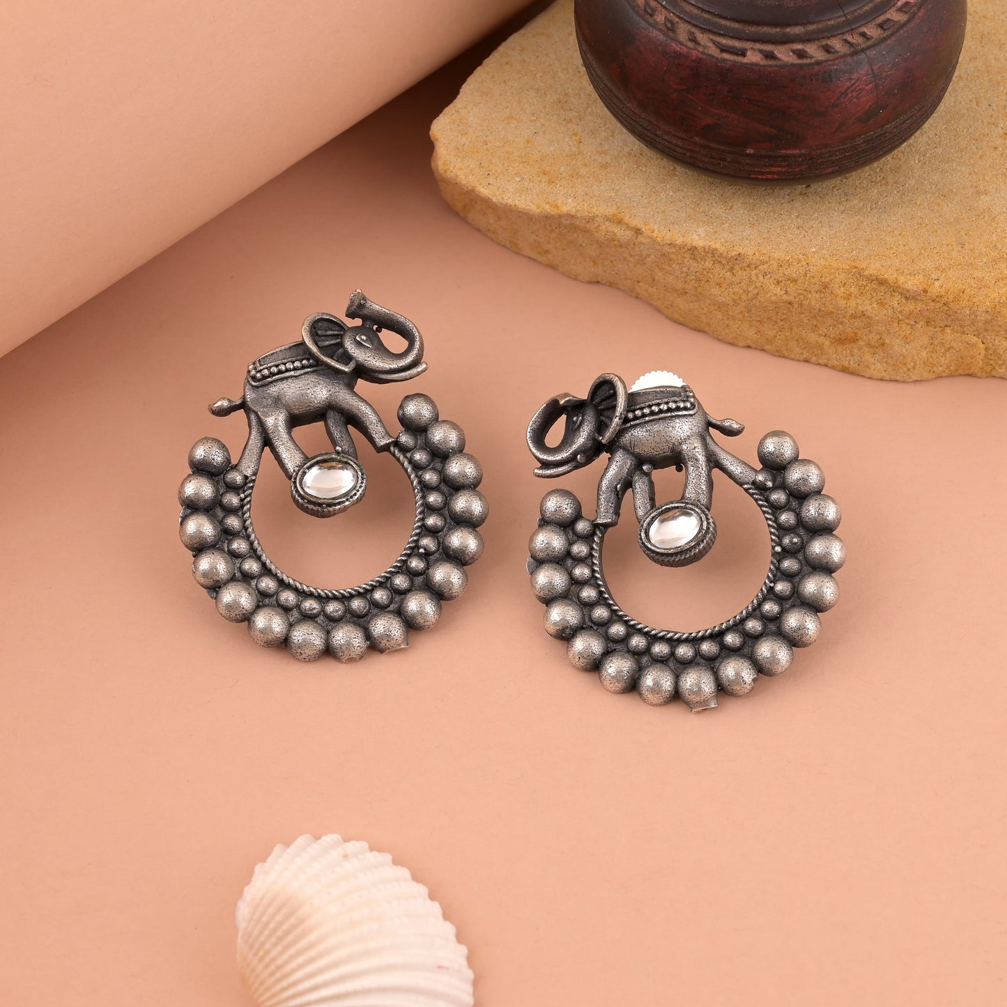 Classic Silver Color Oxidised Earrings With Floral Design And Smooth Finish