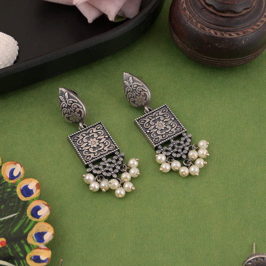Beautifully Detailed Silver Color Oxidised Earrings With Artistic Touch