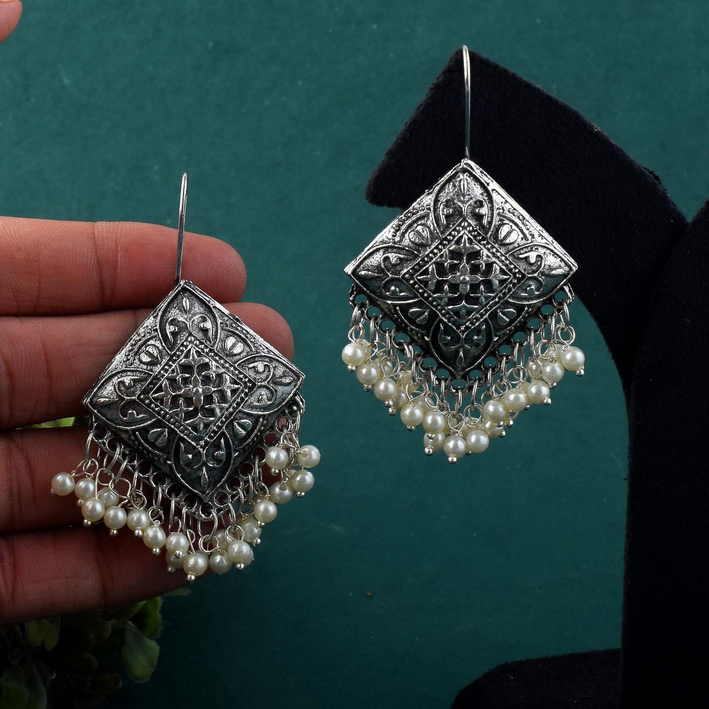 Silver Color Oxidised Earrings With Floral Engraving For A Classic Look