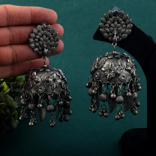 Royal Peacock Inspired Silver Color Oxidised Earrings With Artistic Detailing