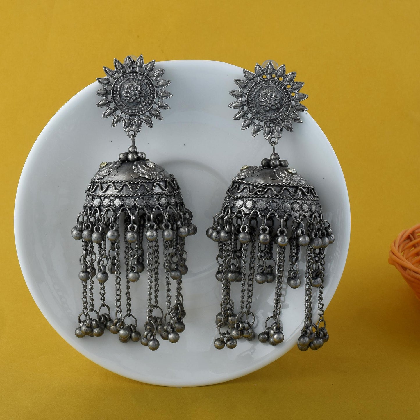 Big Jhumka Style Silver Color Oxidised Earrings With Antique Indian Design