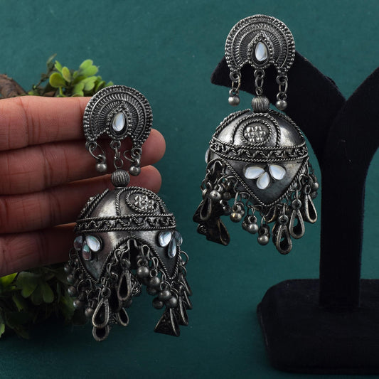Oversized Silver Color Jhumka Oxidised Earrings With Hanging Dome Charms