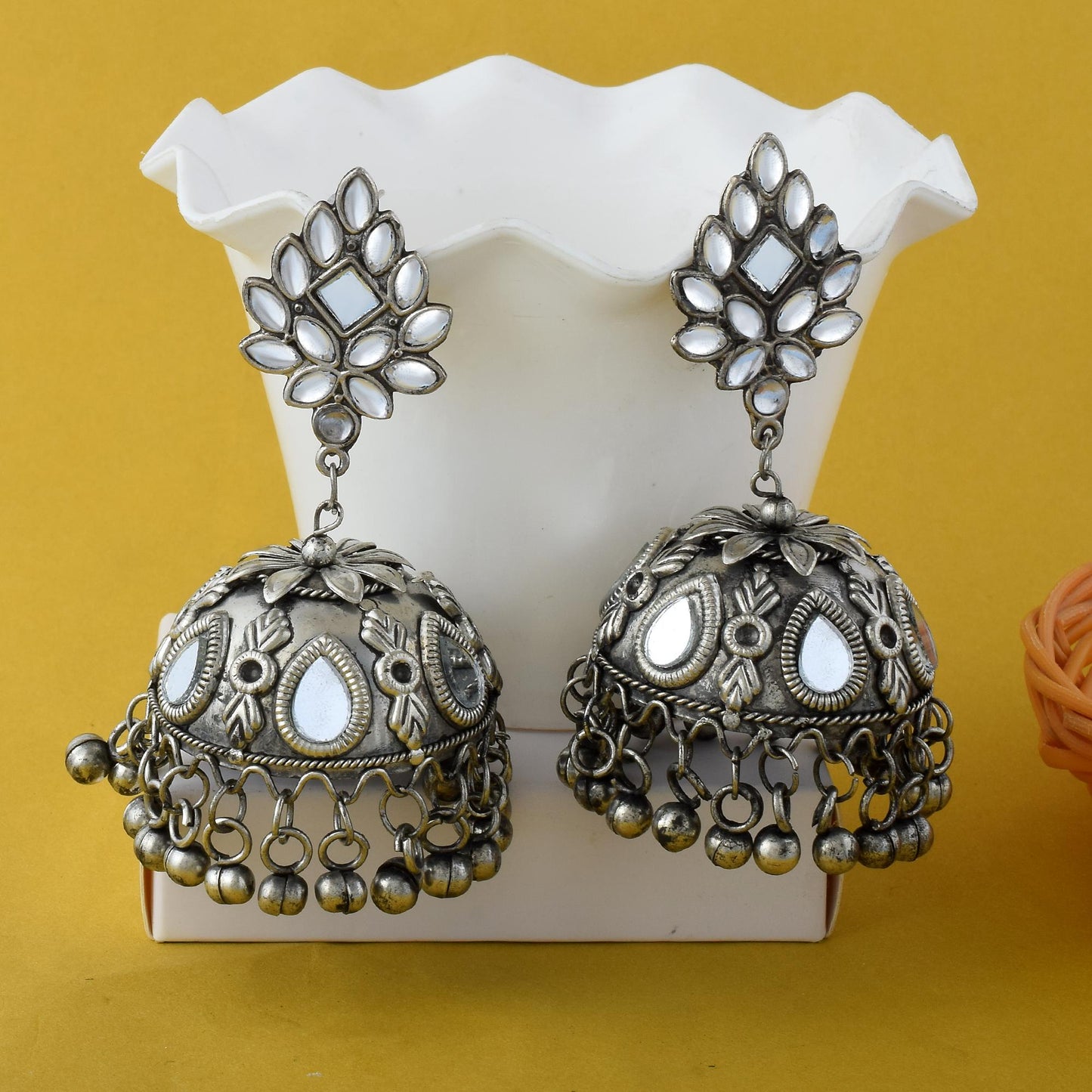 Ethnic Silver Color Big Size Jhumka Oxidised Earrings For Traditional Wear