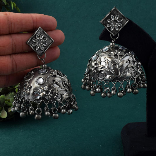 Grand Statement Silver Color Big Jhumka Oxidised Earrings For Occasions