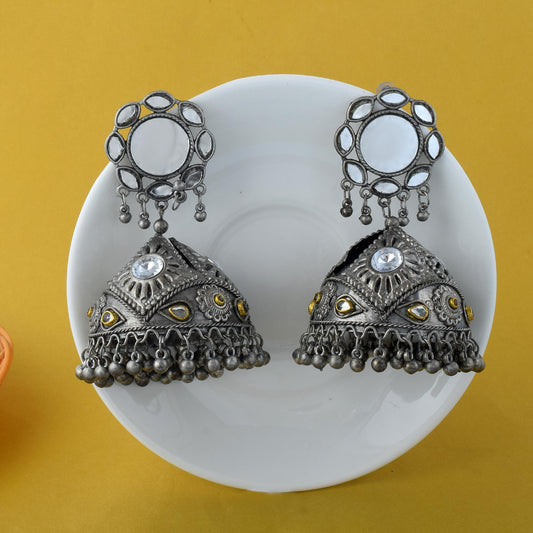 Bold And Heavy Silver Color Jhumka Oxidised Earrings For Bridal Attire