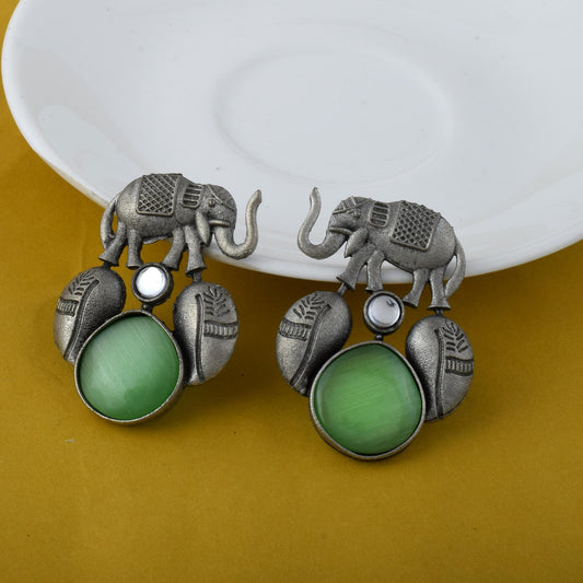 Beautiful Pista Green Color Oxidised Earrings With Intricate Lightweight Design