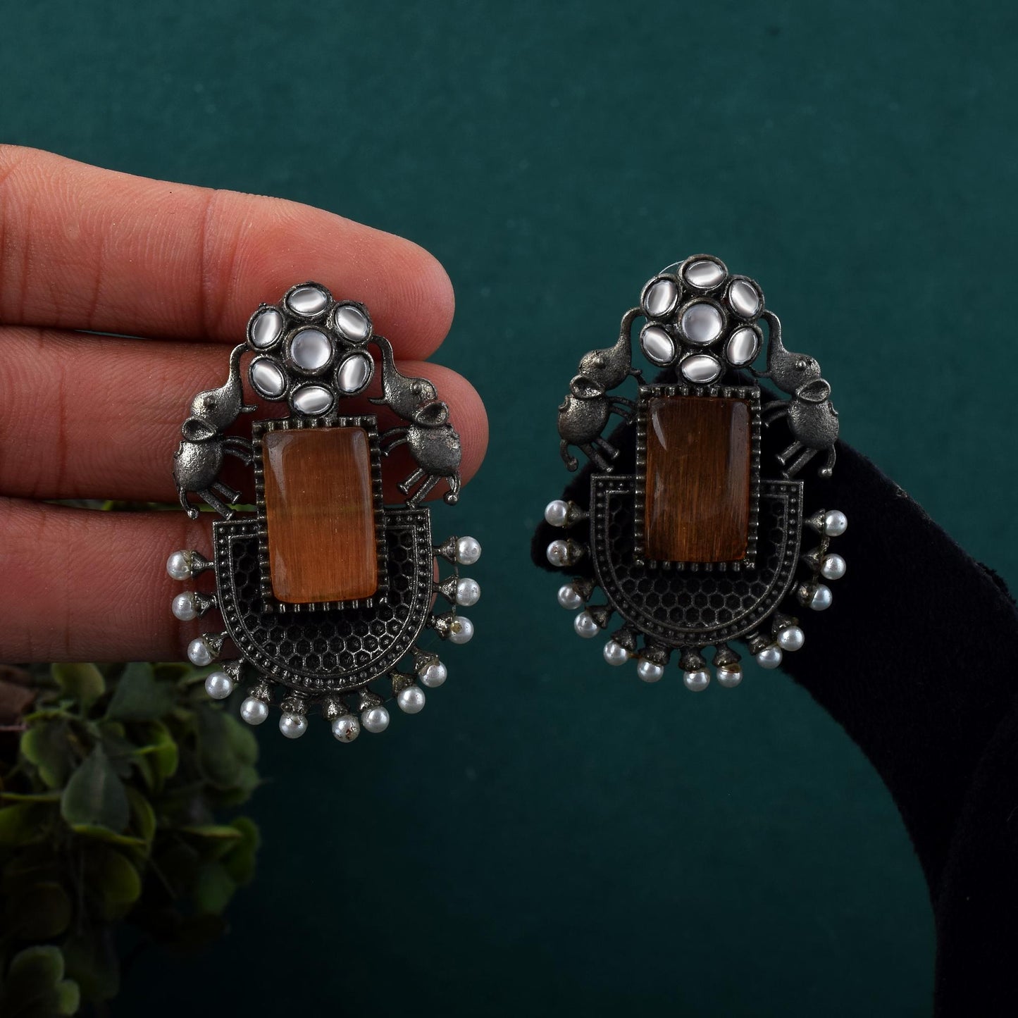 Earthy Brown Color Oxidised Earrings With Unique Tribal Engraving Design