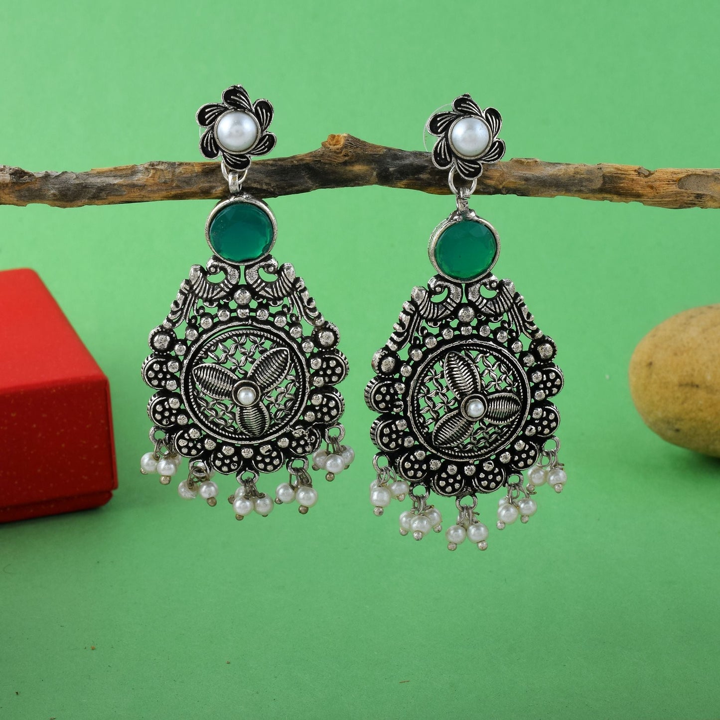 Stylish Green Color Oxidised Earrings Crafted For Party Wear, Cultural Events, And Bridal Jewelry