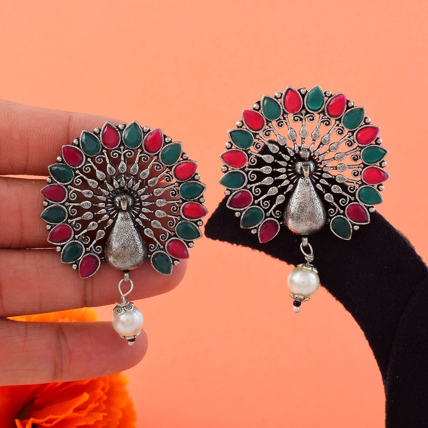 Gorgeous Rani And Green Color Oxidised Earrings Perfect For Bridal Wear And Cultural Outfits