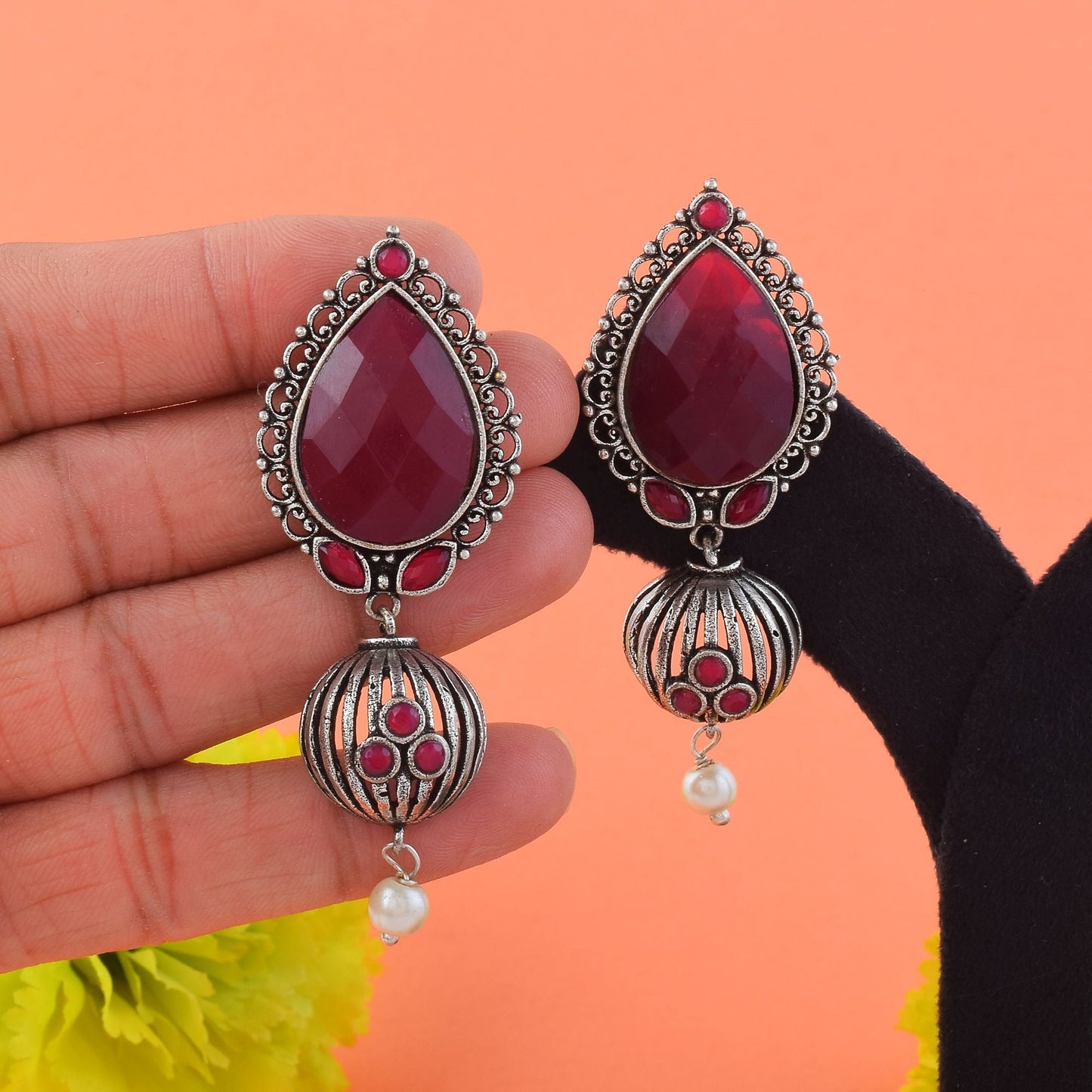 Elegant Maroon Color Oxidised Earrings Crafted With Handmade Detailing For Bridal And Party Wear