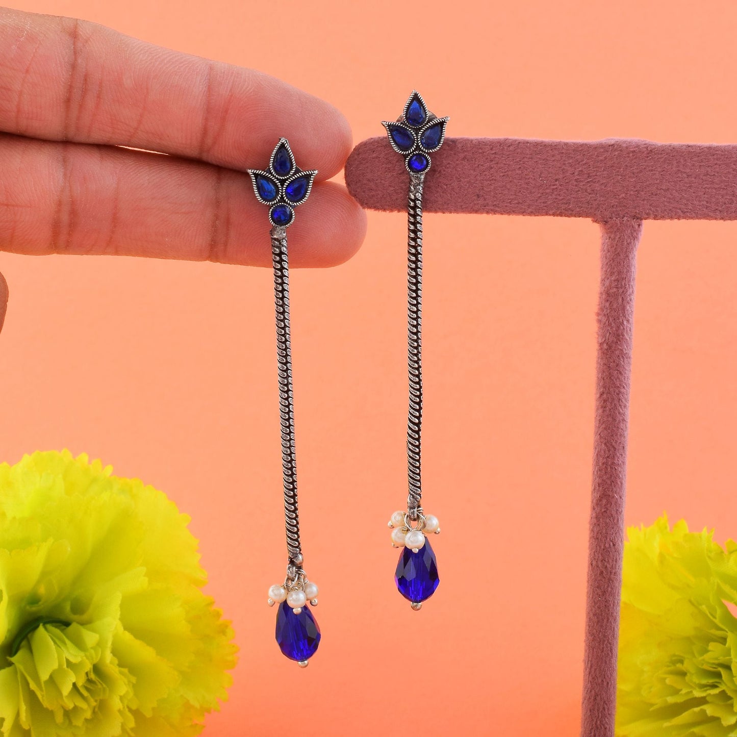 Elegant Blue Color Oxidised Earrings Perfect For Bridal Fashion, Festivals, And Wedding Jewelry Styling