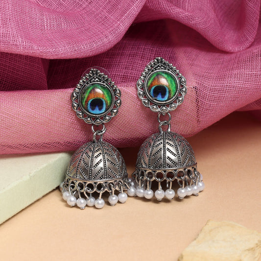 Exquisite Silver Color Peacock Feather Oxidised Earrings Crafted For Cultural Events And Wedding Jewelry