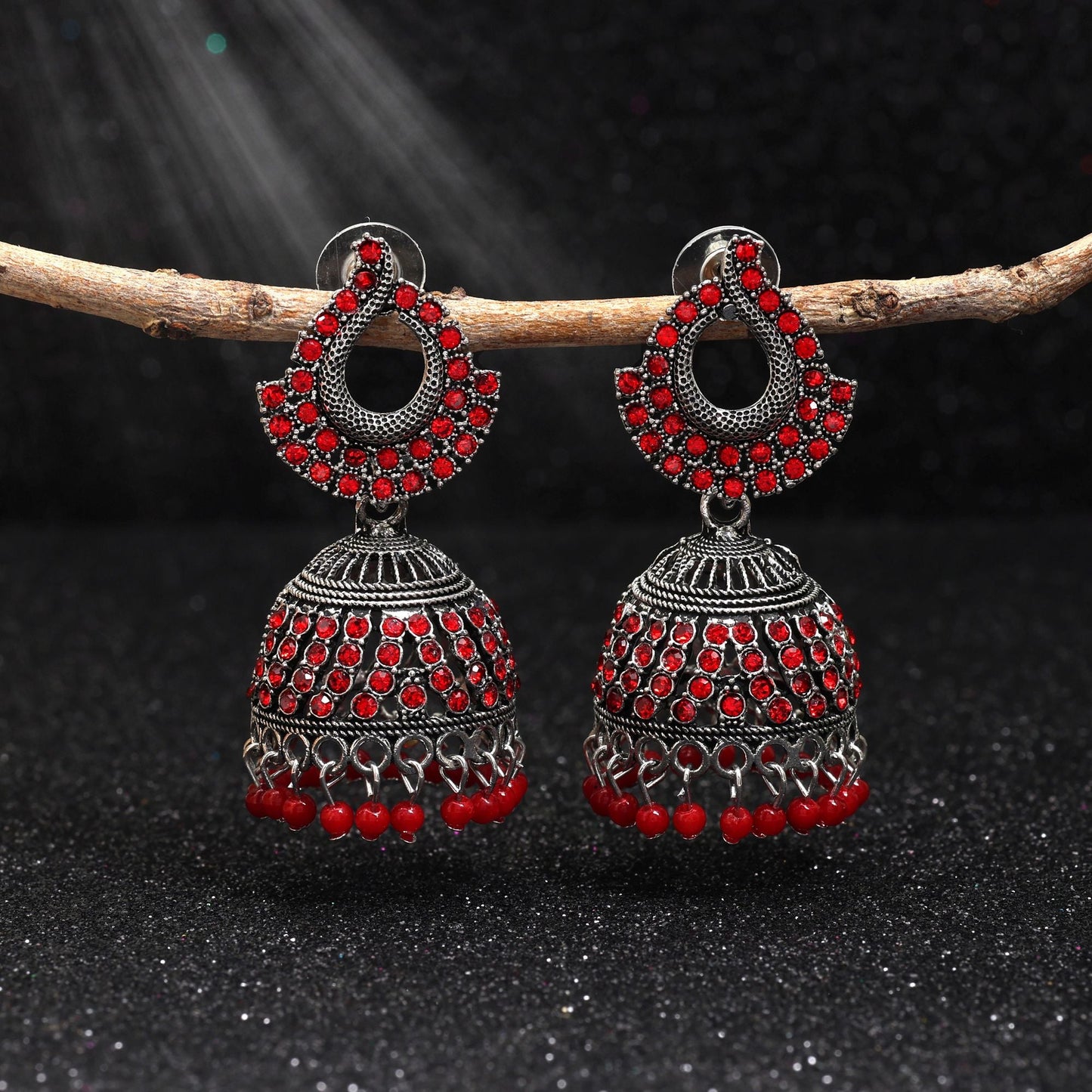 Elegant Red Color Oxidised Earrings Designed With Handmade Artistic Work For Brides And Party Wear