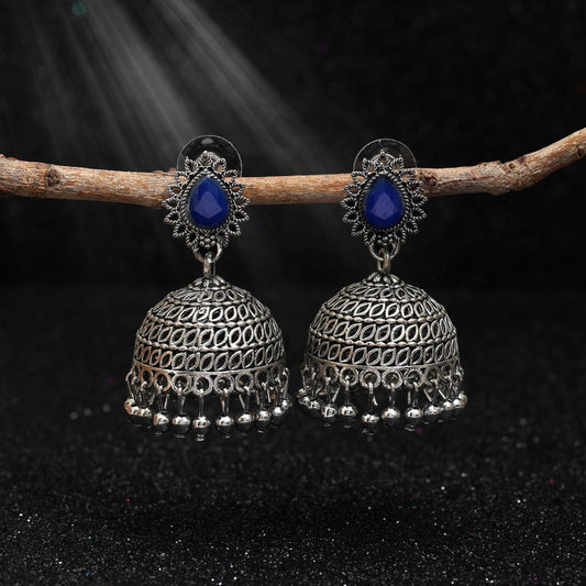 Gorgeous Blue Color Oxidised Earrings Designed With Artistic Work For Bridal Wear And Cultural Fashion