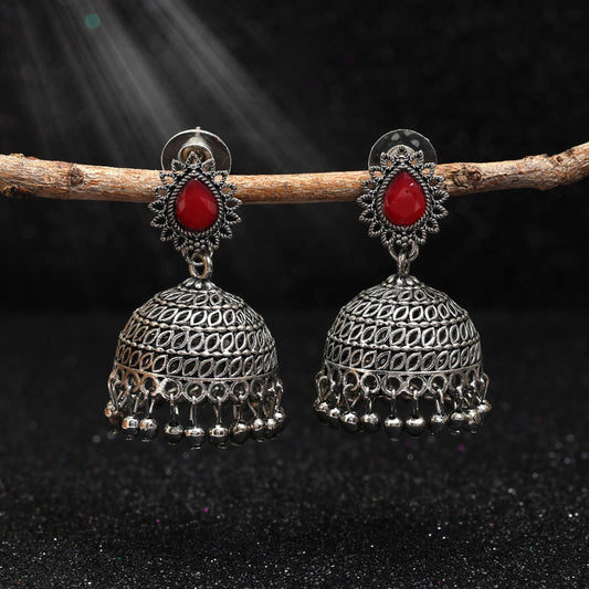 Elegant Red Color Oxidised Earrings Crafted For Brides, Parties, And Ethnic Cultural Celebrations Jewelry