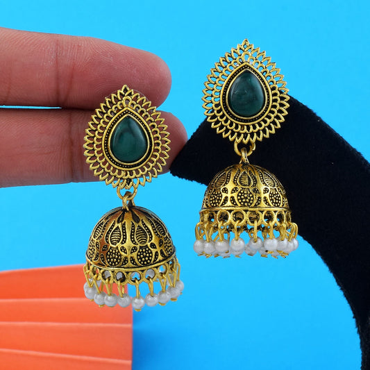 Stylish Green Color Oxidised Earrings Designed With Handmade Artistic Work For Women’S Wedding Jewelry
