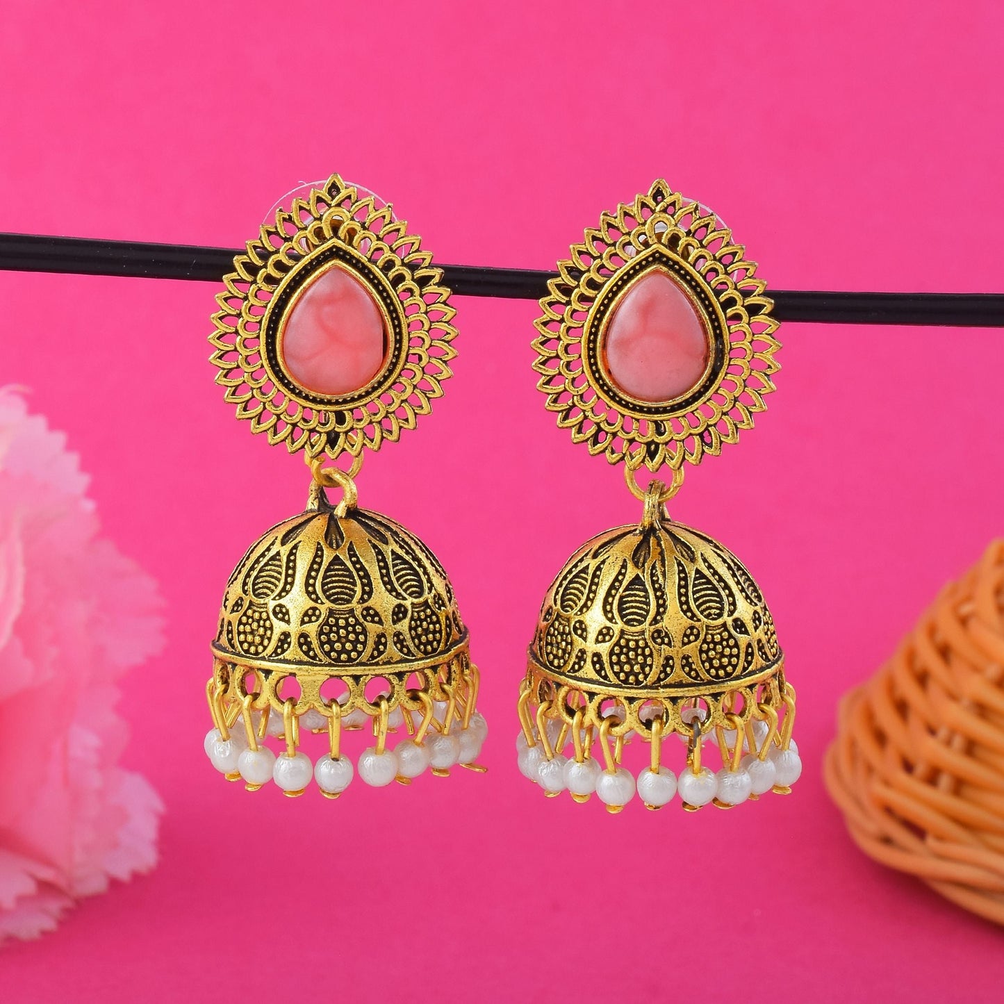 Elegant Peach Color Oxidised Earrings Perfect For Bridal Outfits, Engagements, And Traditional Celebrations