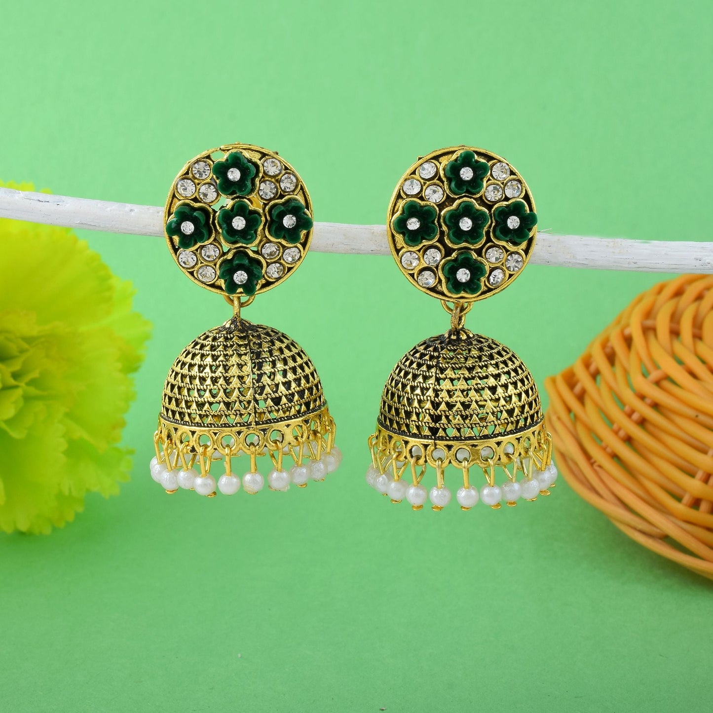Elegant Green Color Oxidised Earrings Designed With Handmade Work For Weddings And Cultural Functions