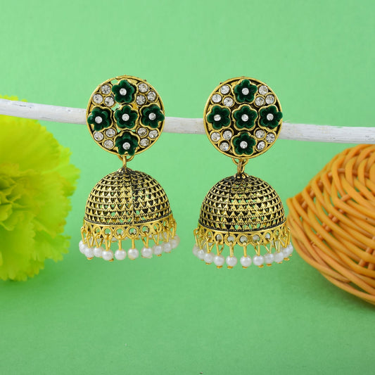 Elegant Green Color Oxidised Earrings Designed With Handmade Work For Weddings And Cultural Functions