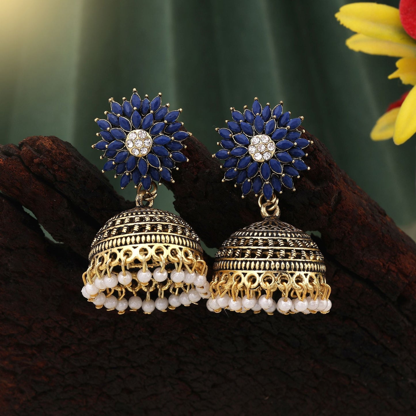 Elegant Blue Color Oxidised Earrings Designed With Detailing For Brides And Party Celebrations