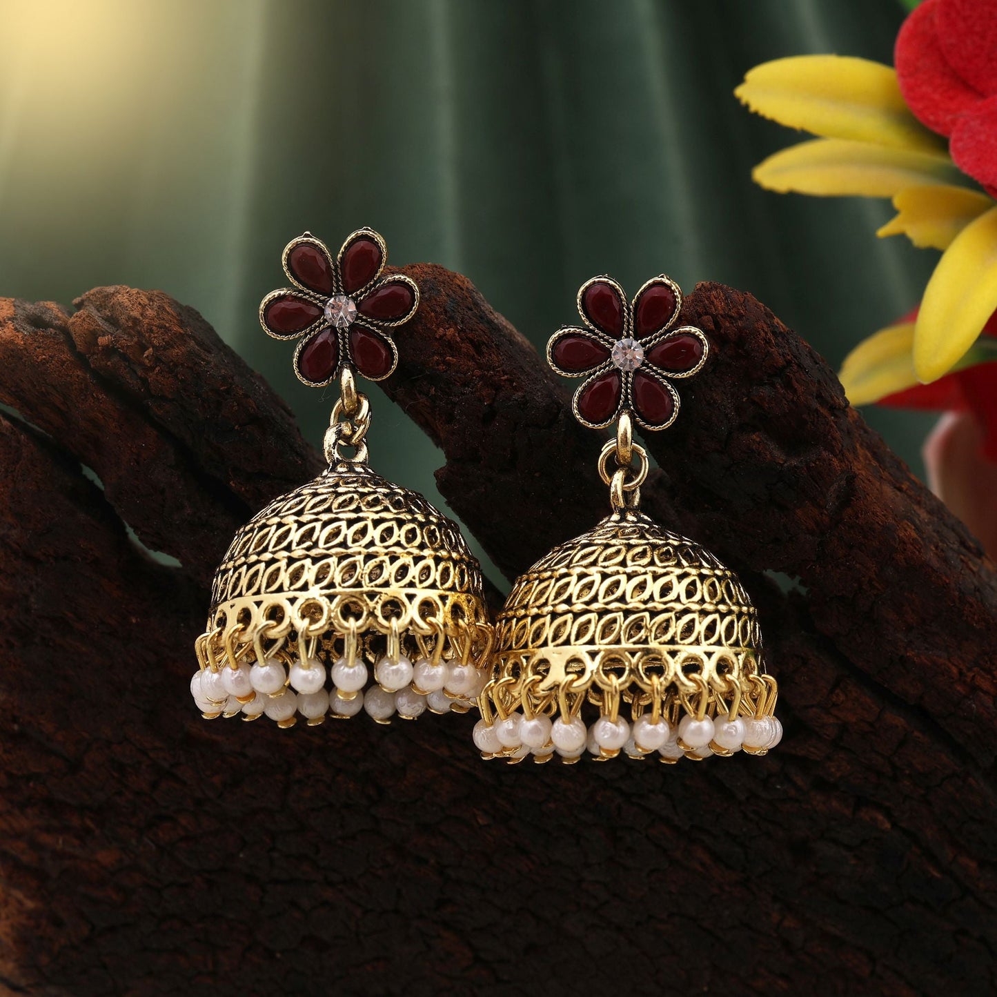 Gorgeous Maroon Color Oxidised Earrings Designed With Detailing For Parties, Brides, And Weddings