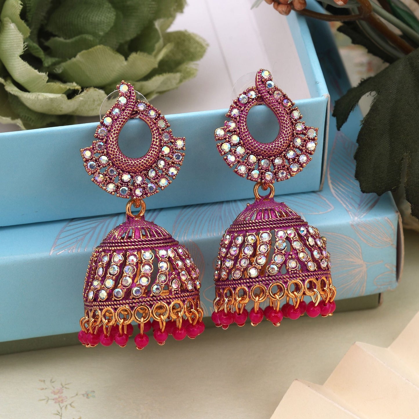 Beautiful Rani Color Mint Meena Oxidised Earrings Designed For Festivals, Brides, And Women’S Party Jewelry
