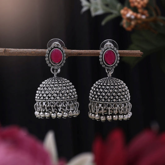 Attractive Rani Color Oxidised Earrings Designed For Brides, Cultural Outfits, And Party Ethnic Jewelry