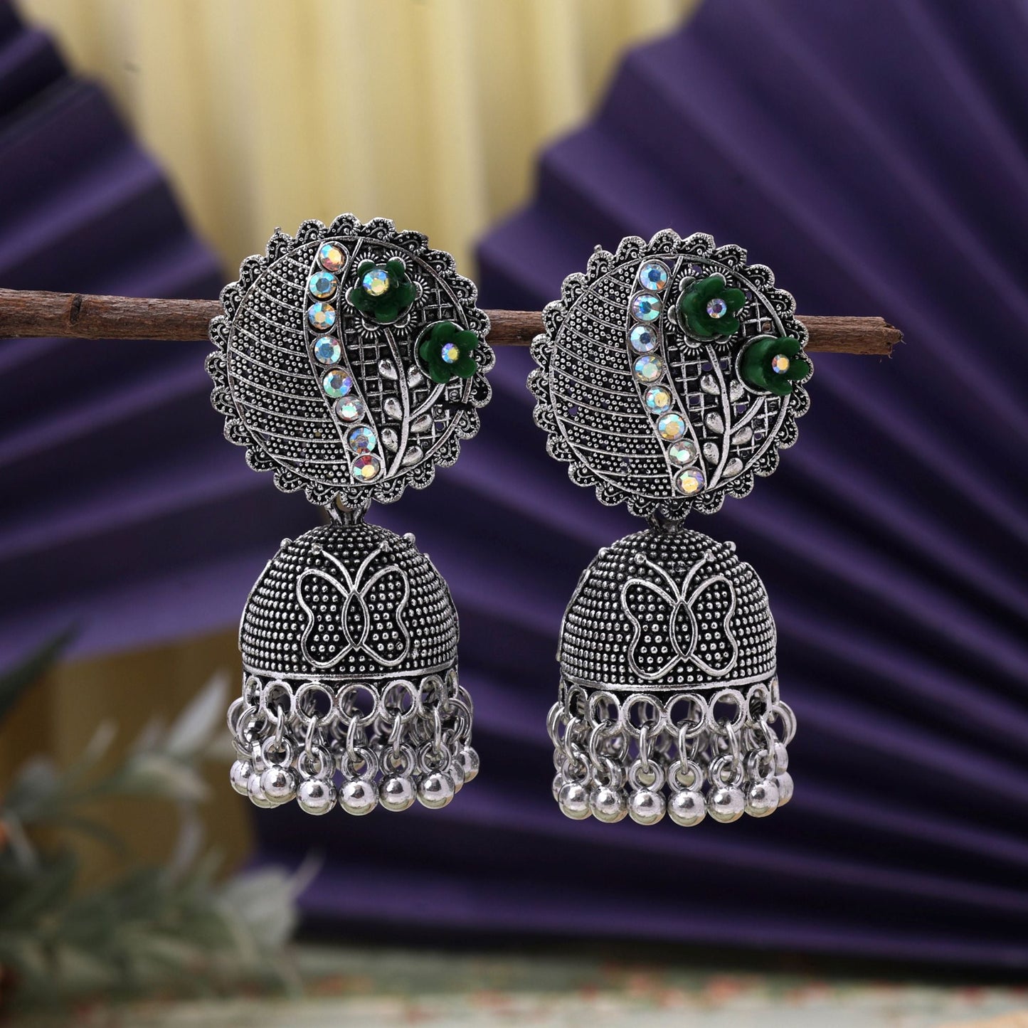 Stylish Green Color Oxidised Earrings Crafted With Handmade Work For Women’S Festivals And Wedding Looks