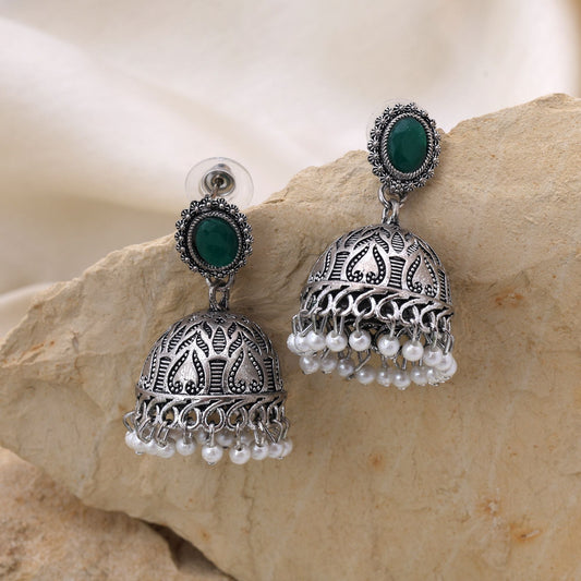 Elegant Green Color Oxidised Earrings Crafted For Brides, Functions, And Women’S Traditional Jewelry Styling