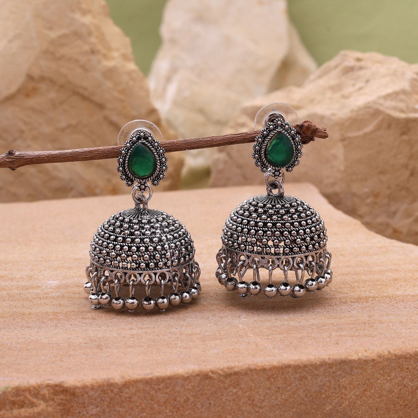 Exquisite Green Color Oxidised Earrings Perfect For Cultural Events, Parties, And Bridal Wear