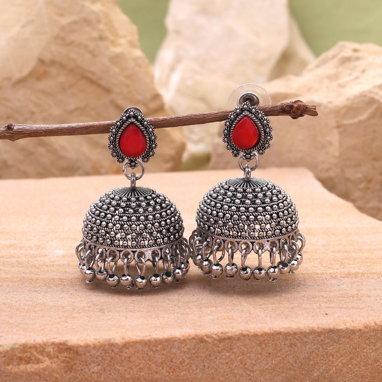 Designer Red Color Oxidised Earrings With Unique Handmade Detailing For Bridal Jewellery Sets