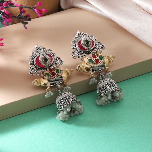 Stunning Gold & Silver Color Dual Tone Oxidised Earrings With Artistic Detailing