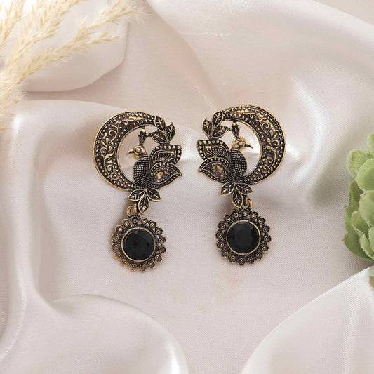 Black Color Oxidised Earrings With Mirror Work Design For Festive Wear