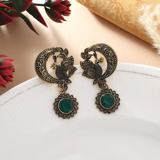 Green Color Oxidised Earrings With Beautiful Tribal Engraving For Ethnic Outfits