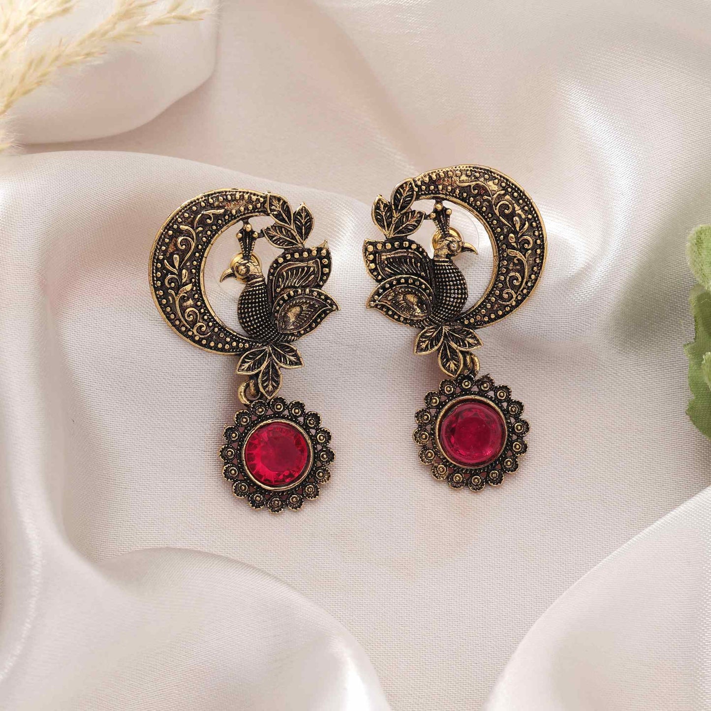 Rani Color Oxidised Earrings With Traditional Carving Work Perfect For Festivals