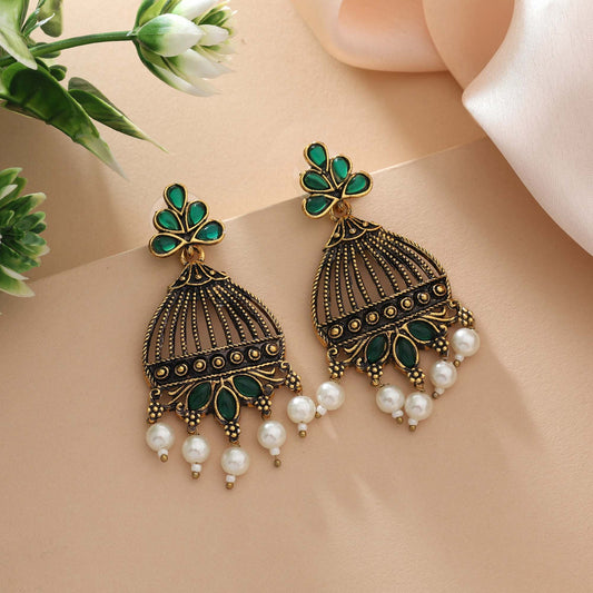 Green Color Oxidised Earrings With Engraved Floral Patterns For Ethnic Appeal