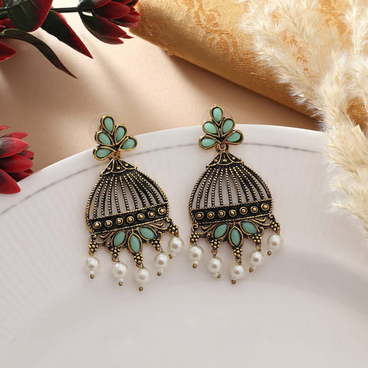 Light Green Color Oxidised Earrings With Antique Silver Finish For Classic Outfits