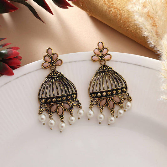 Peach Color Oxidised Earrings With Fine Detailing Perfect For Party And Festive Wear