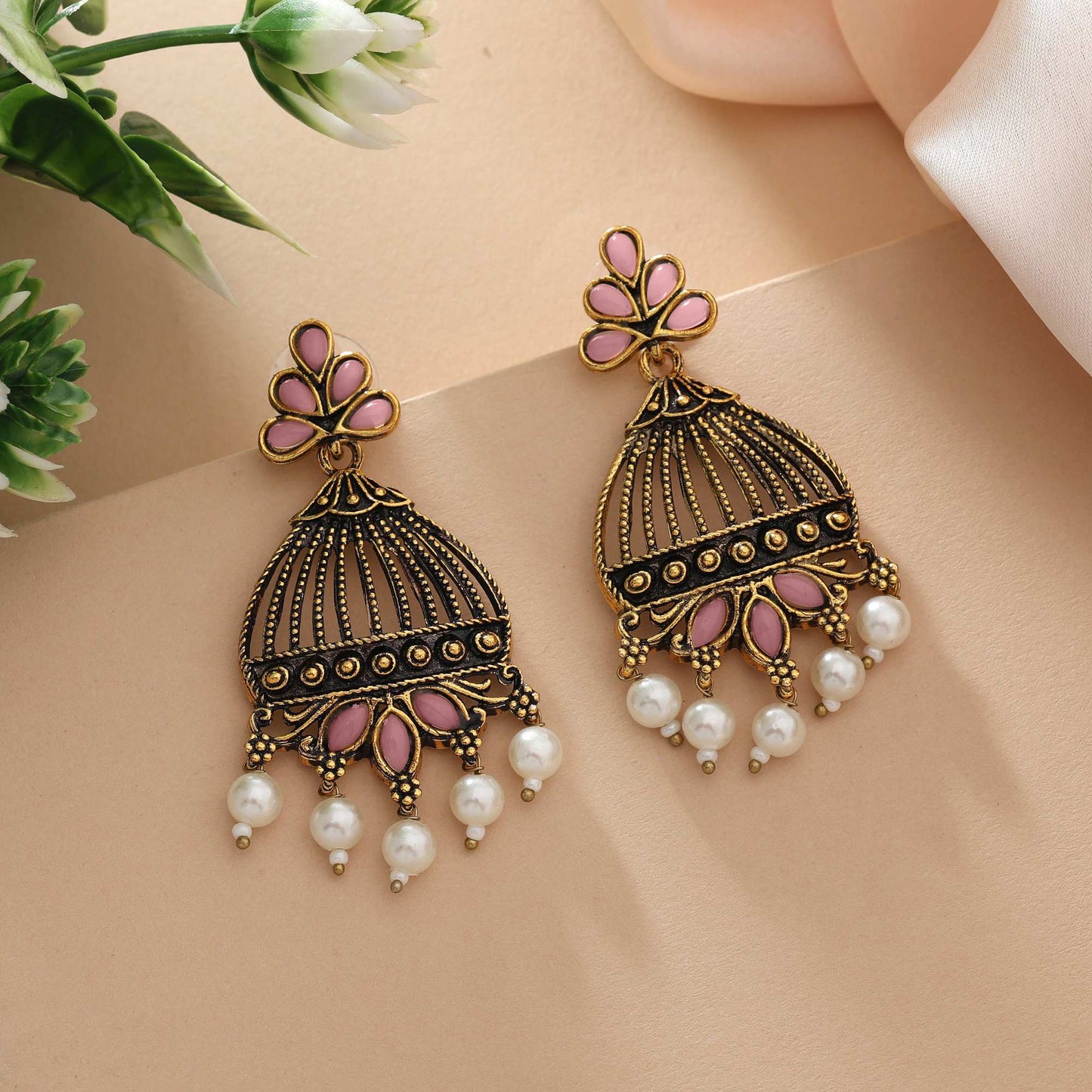 Pink Color Oxidised Earrings With Antique Polish For Elegant Ethnic Statement
