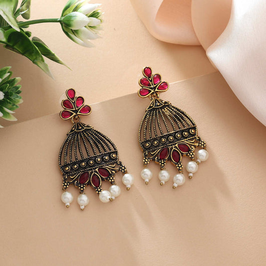 Rani Color Oxidised Earrings With Mirror Inlay And Tribal Style Pattern
