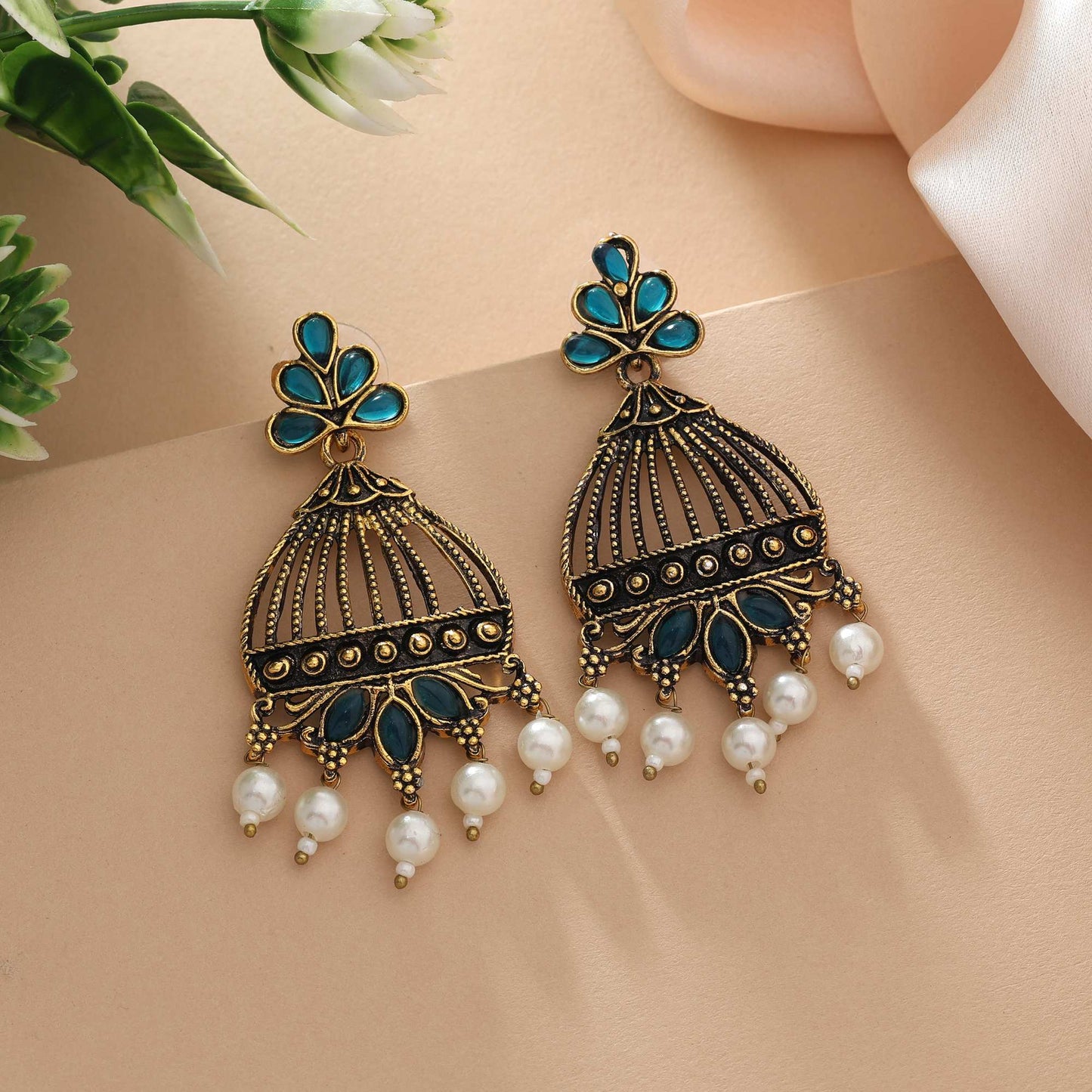 Turquse Blue Color Oxidised Earrings With Boho-Inspired Silver Work For Trendy Look