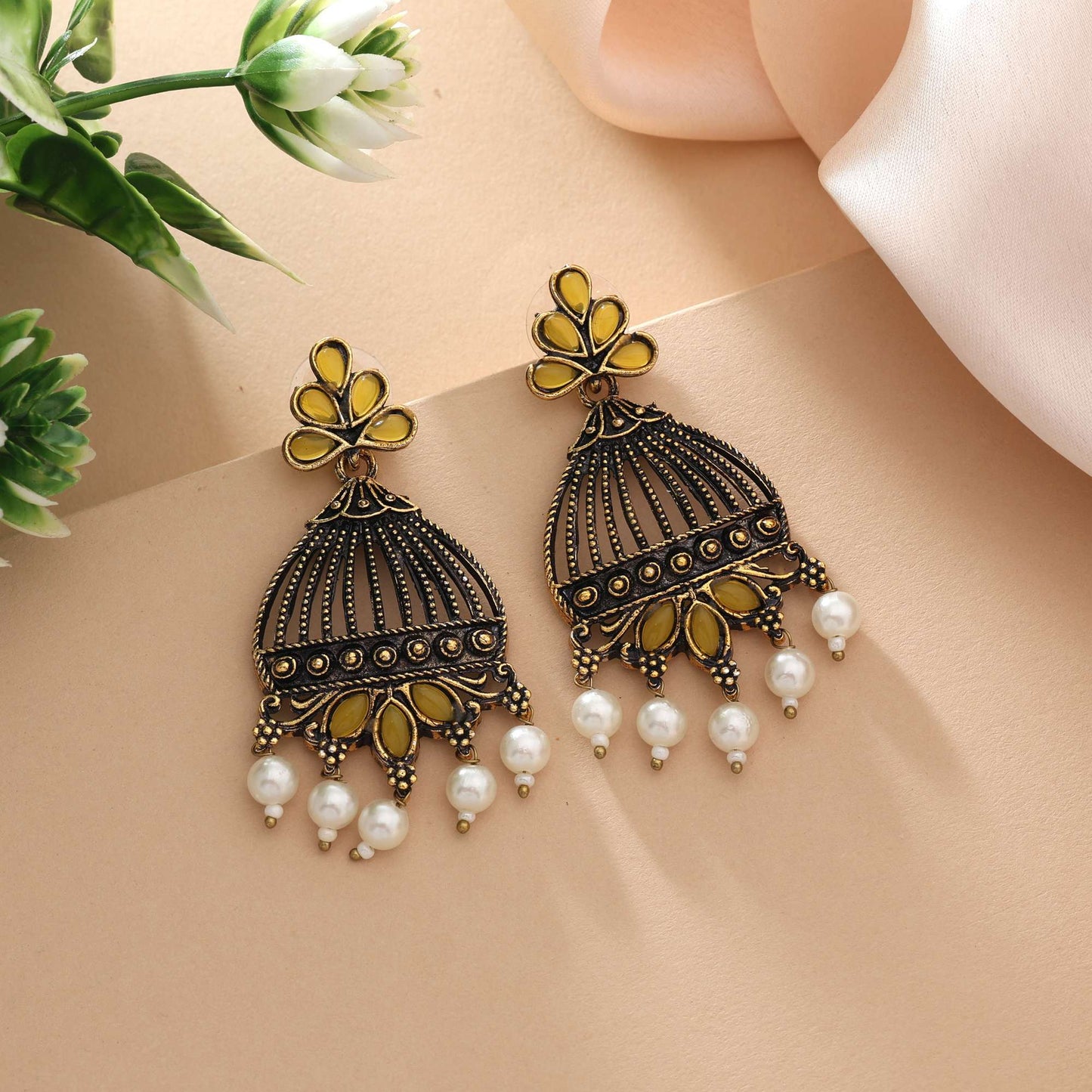 Yellow Color Oxidised Earrings With Lightweight Design And Artistic Silver Embellish