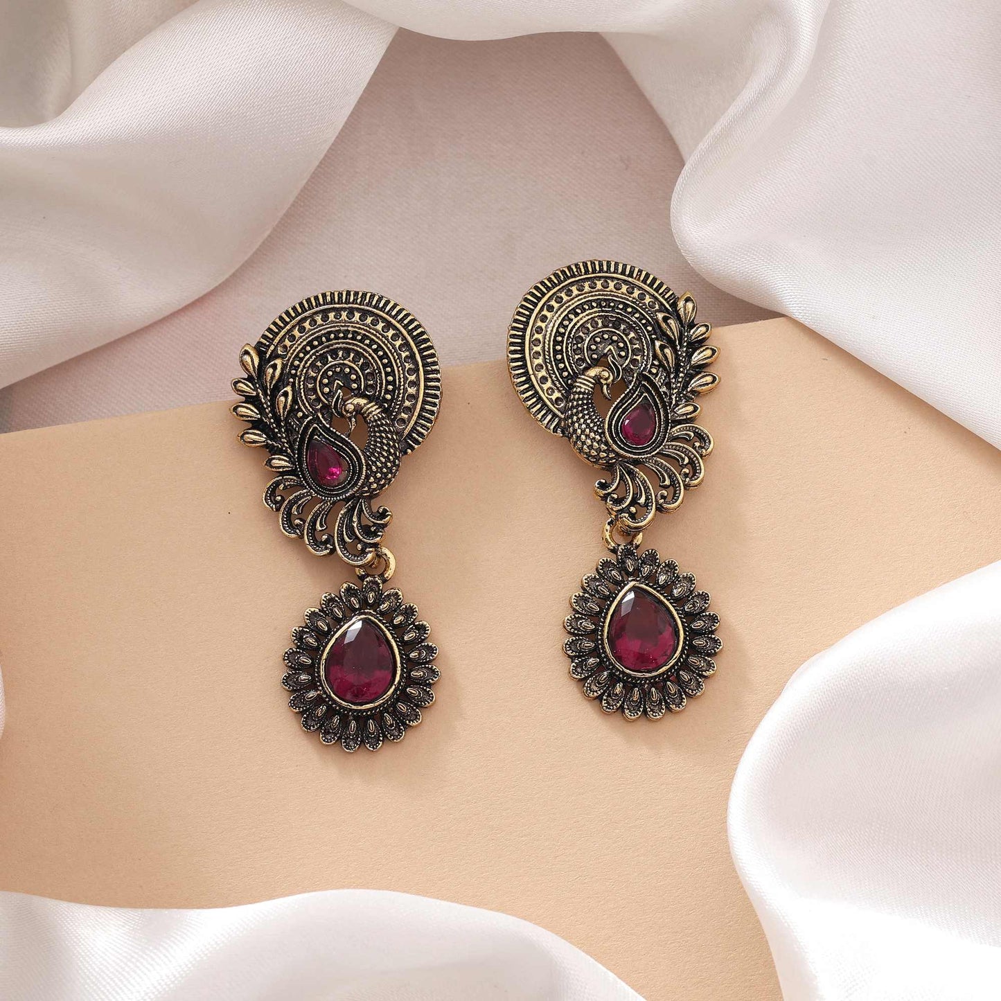 Purple Color Oxidised Earrings With Stylish Engraved Design And Ethnic Look