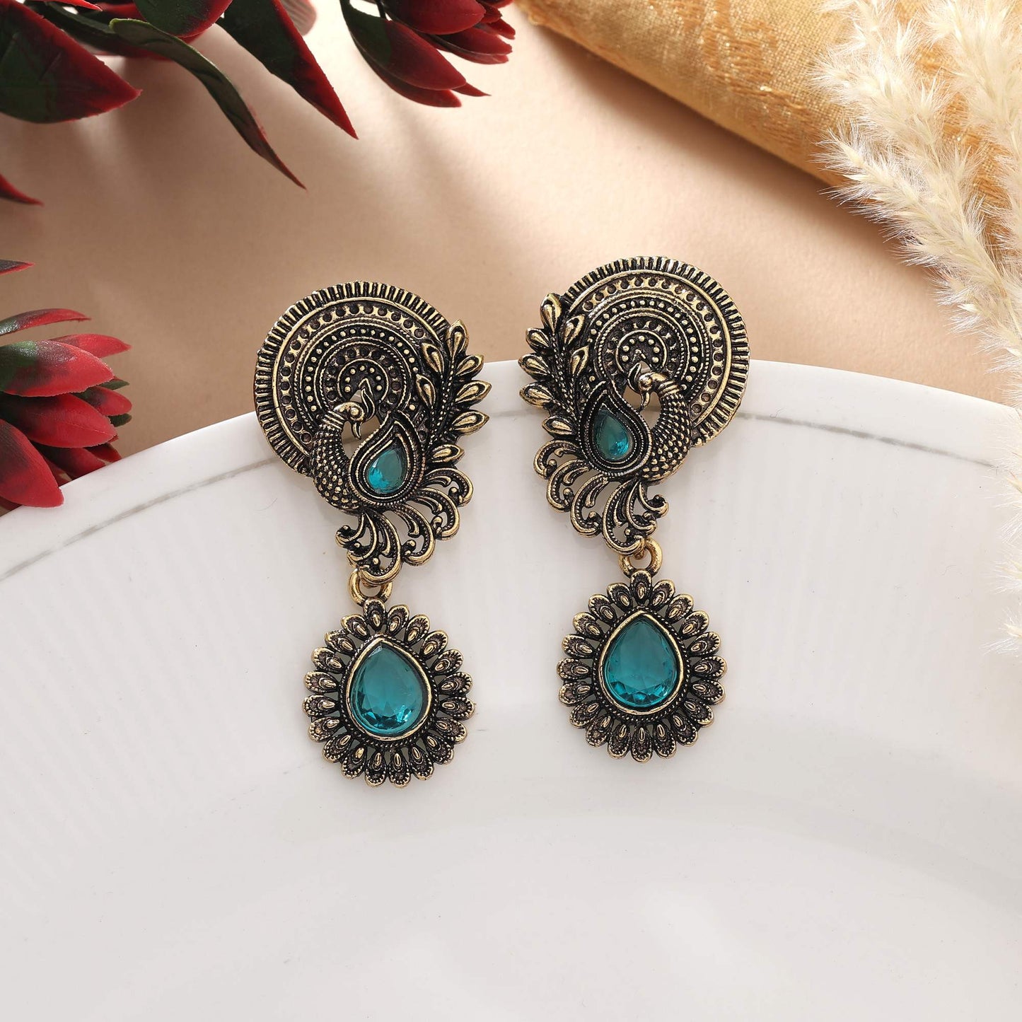 Rama Green Color Oxidised Earrings With Silver Work For Cultural Fashion Lovers