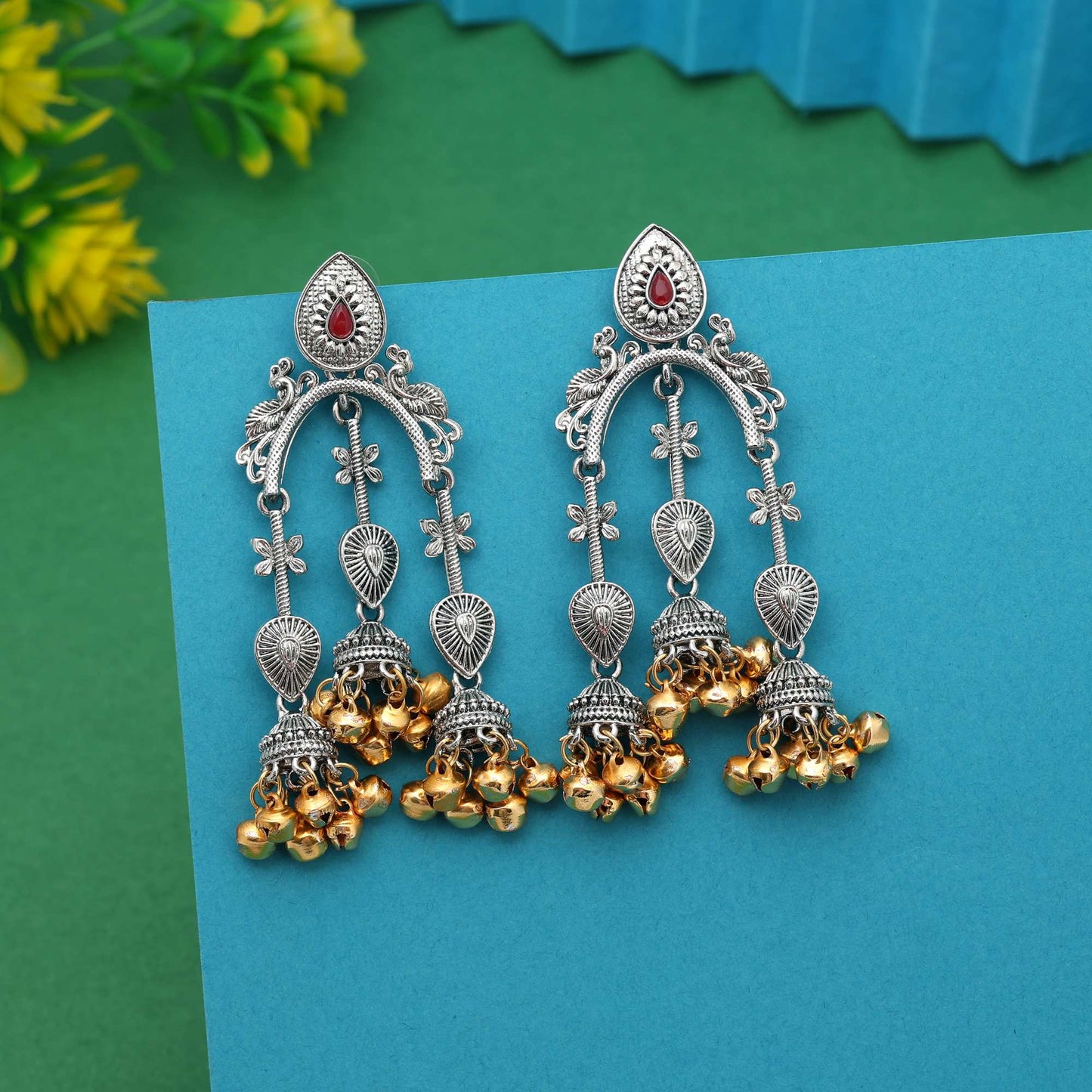 Red Color Antique Style Oidised Earrings For Traditional And Party Look
